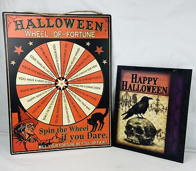 #ad Halloween Decor 2pc Hanging Wall Plaques Signs Pictures 18” Metal 11” Wood $16.00