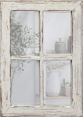 #ad Rustic Window Pane Mirror Wall Decor 11″ X 16″ Hanging Distressed White Farmhous $48.99