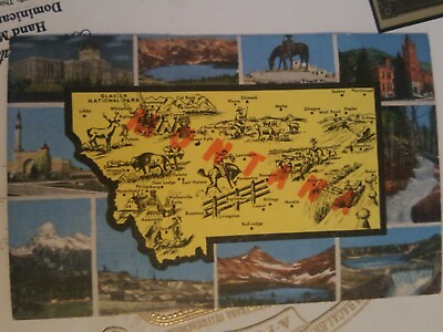 #ad Vintage 1940#x27;s linen postcard MONTANA state map amp; famous views tourism card $3.93