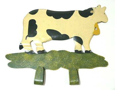Tin Cow Wall Hanging Two Coat Hooks Farm Country Decor Rustic Metal Wall Art $18.88