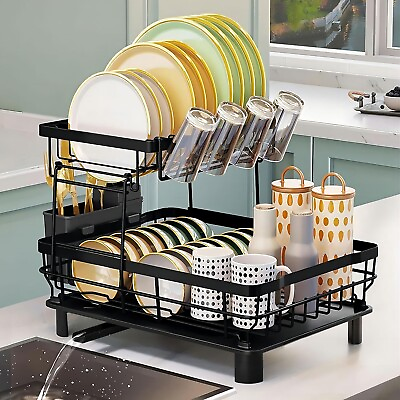 #ad 2 Tier Dish Drainer Drying Rack with Cup Holder Cutlery Tray Kitchen Organiser $25.85