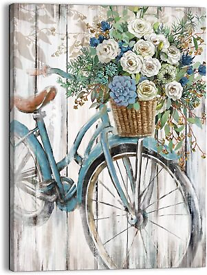 #ad #ad LAIART Farmhouse Bathroom Wall Decor Canvas Art Blue Retro Bike Picture Print $21.63