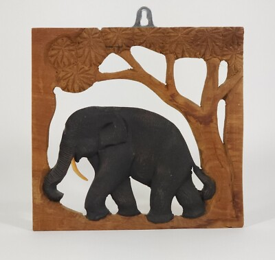 #ad Elephant Hand Carved Square Wood Wall Art 8in X 8in Vintage $39.99