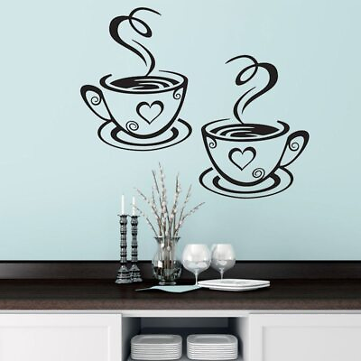 #ad Two Coffee Cups Kitchen Bar Wall Sticker Wall Decals Wallpaper Home Decoration $6.57