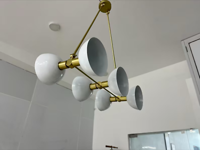 #ad 6 Light Mid century Art Deco Brushed Brass chandelier light Fixture Shade Ceilin $919.00