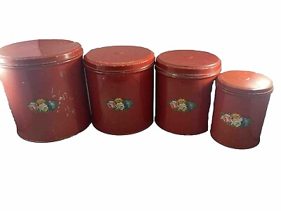 #ad Canisters 1950#x27;s MCM Decoware Red flower Kitchen Set of 4 Metal Hinged Nesting $50.00