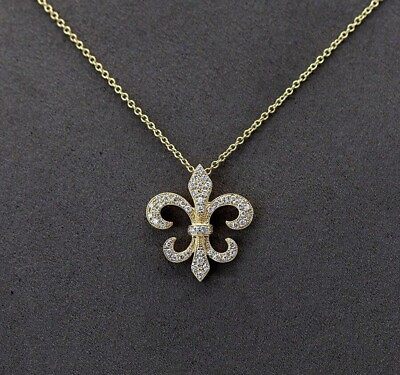 #ad 925 Silver Round Moissanite Fleur De Lis Pendant Chain In 14k Yellow Gold Plated $279.99