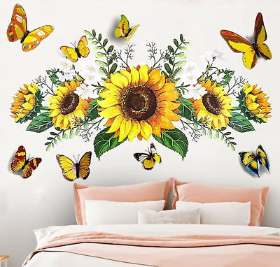 #ad Sunflower Wall Stickers with 3D Butterfly Wall Sticker Yellow Flowers Wall Deca $16.24