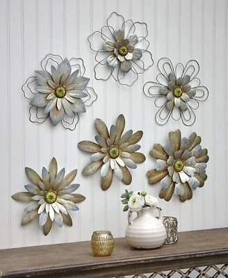 Set of 3 Rustic Hanging Wall Flowers Galvanized Metal Wire Floral Sculpture $29.99