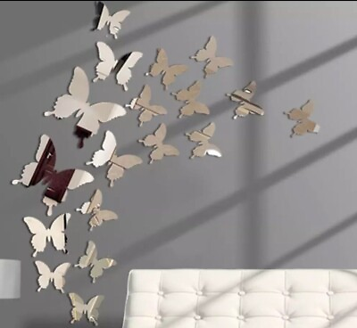 #ad 12pcs Silver Mirror 3D Butterfly Wall Sticker Home Decor Butterfly Sticker $5.50