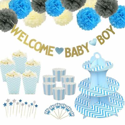 #ad WELCOME BABY Happy Birthday Party Cake Toppers Cupcake Decor Paper Flower Blue $13.99