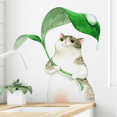 #ad #ad Cute Animal Wall Stickers Rainy Day Cat Holds Leaves Wall Decal Kids Room Gift $6.99