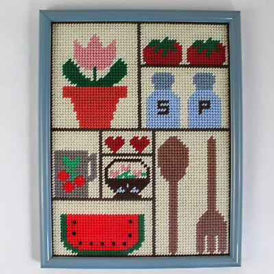 #ad Handmade Cross Stitch Framed Picture Kitchen Theme Salt Pepper Tomatoes Utensils $34.00