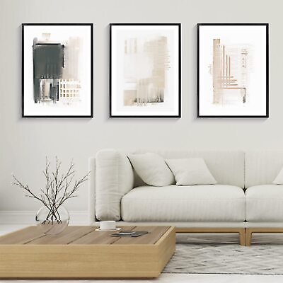 #ad Canvas Wall Art Set of 3 Framed Art Prints Abstract Painting Neutral Minim... $56.35