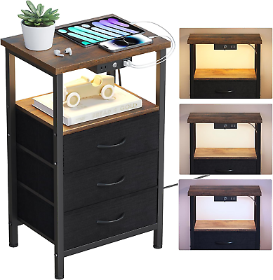 #ad Nightstand with Charging Station and Dimmable LED Lights 25.6 Inch Tall Side Ta $84.99