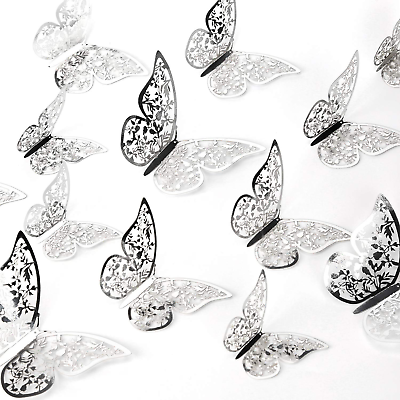 #ad 24Pcs 3D Butterfly Wall Stickers 3 Sizes Butterfly Wall Decals Room Silver $12.93