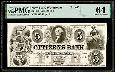 #ad Proof 1850 NY Watertown State Of New York Citizens Bank $5 Proof G6P PMG 64 $1399.99