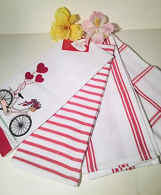 #ad Heart And Home Kitchen Towels Set of 4 Embroiled Hearts Bicycle Striped NEW $21.99