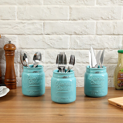 #ad Aqua Ceramic Embossed Mason Jar Utensil Holder Country Kitchen Decor Set of 3 $22.99
