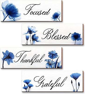 #ad Blue Wall Decor for Living Room 4 Pieces Focused Grateful Blessed $24.95