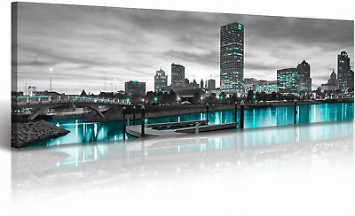 #ad Milwaukee Cityscape Skyline Canvas Wall Art for Living Room Black and White W... $91.98