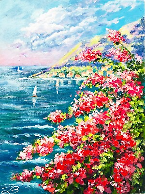 #ad Oil Mini painting Pink Bougainvillea Mediterranean Wall Art Painting on Canvas $65.00