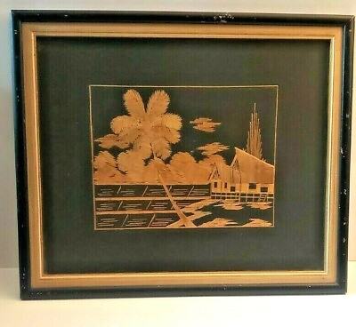 #ad 1959 Asian Bamboo Straw Framed Art House In the River Mountains Turner Gallery $30.00