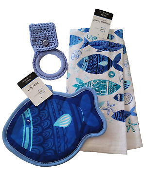 #ad Kitchen Blue Towel Set Potholder Crochet Towel Ring Holder Fish Themed 3PC $13.19