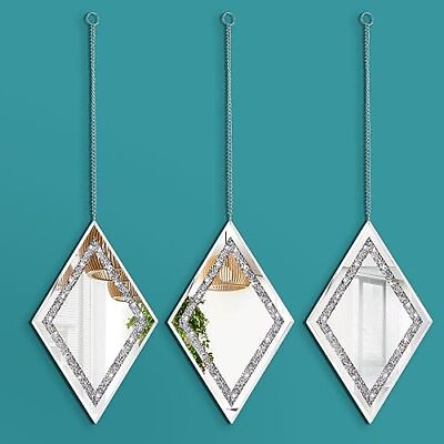 #ad Shaped Wall Mirror Set of 3 Decorative Crystal Crush Mirrors Diamond Silver $51.98
