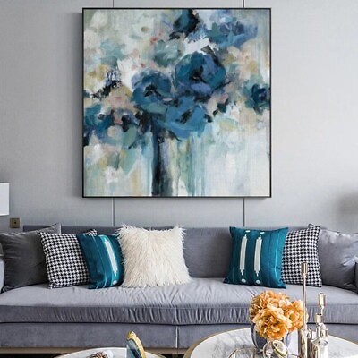 #ad Watercolor Blue Flowers Canvas Painting Modern Abstract Prints Wall Art Pictures $26.08