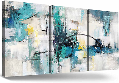 #ad Teal Blue Wall Art Gray Black Turquoise Wall Decor for Living Room Modern Abstra $52.02