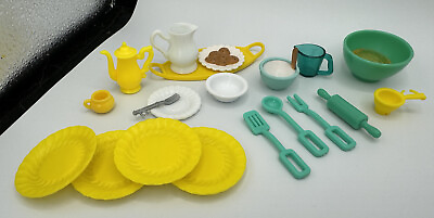 #ad Barbie Doll Accessories Lot MIXED DREAMHOUSE KITCHEN YELLOW TEAL BAKING SET $10.00
