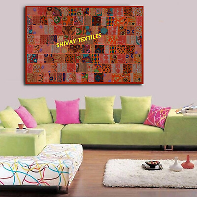 #ad Indian 60*40 inch Cotton Orange Patchwork Vintage Boho Home Decor Wall Hanging $37.04