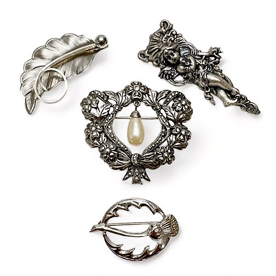 #ad Vintage Lot Of 4 Art Nouveau Style Silvertone Faux Pearl Etc Brooches Pins $22.49