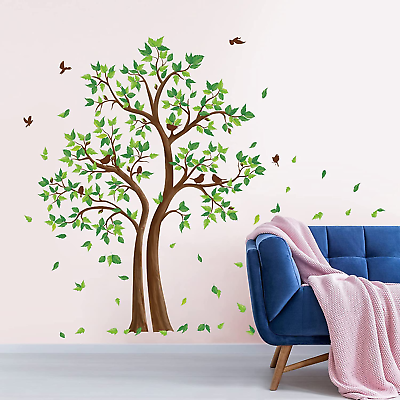 #ad Decalmile Green Tree Wall Stickers Flying Leaves Birds Wall Decals Bedroom Livin $32.71