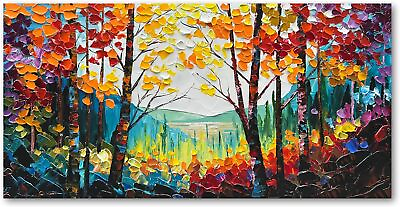 #ad Art Oil Painting On Canvas Forest Modern Hand Painted Large 24x48 Inch Framed $210.00