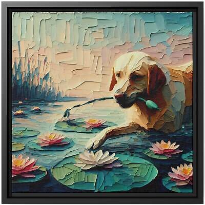 #ad Wall Art Decor Canvas Print Oil Painting Dog Cute Labrador Water Lily Pond Grace $148.78