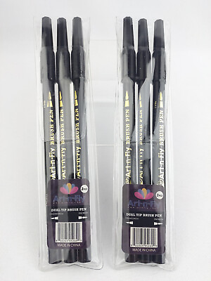 #ad 6 Pens Art n Fly Dual Tip Black Brush Pens for Lettering Calligraphy Fine Large $10.49