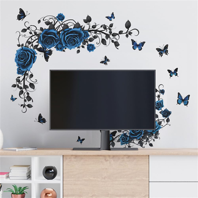 #ad Blue Rose Flowers Wall Decals Floral Vine Wall Stickers Butterfly Wall Art Decor $18.61