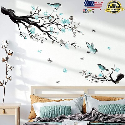 #ad Watercolor Blue Flower Wall Decals Blossom Bird Tree Branch Wall Stickers Decor $59.99