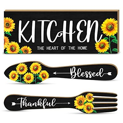 #ad 3 Pieces Sunflower Kitchen Decor Hello Summer Blessed Thankful Wooden Hanging... $21.14
