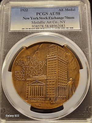 #ad PCGS AU58 1922 AE Medal New York Stock Exchange 70mm Medallic Art Co. NY BN $499.99