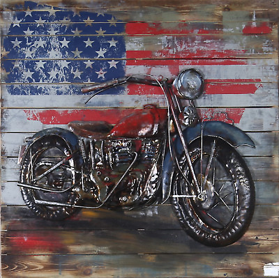 #ad quot;Motorcycle 1quot; Harley Davidson Mixed Media Hand Painted Iron Wall Sculpture GIFT $149.50