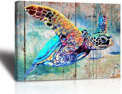 #ad Sea Turtle Bathroom Wall Decor Canvas Prints Life Teal Watercolor Painting Beach $22.49