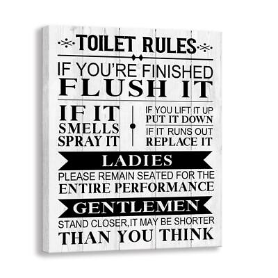#ad Bathroom Canvas Wall Art Rustic Funny Toilet Rules Prints Signs Framed Wood B... $32.39