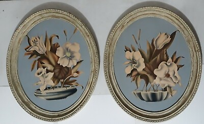 #ad Vintage Pair Oval Wood Frame 20quot; FLORAL SHABBY CHIC RETRO ART PRINT PICTURE 17quot; $70.40