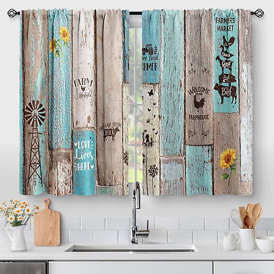 #ad Teal Wooden Kitchen Curtains Country Floral Farm Rustic Vintage Wood Small ... $35.99
