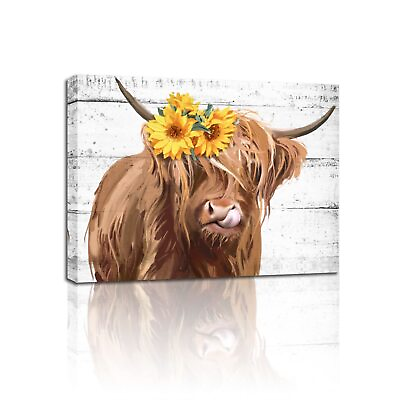 #ad sunflower highland cow wall art funny farm animal canvas picture painting $13.85