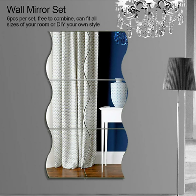 #ad Wall Mirror Set 6Pcs Set Waves Shape Wall Mirror Sticker Combination Home Decor $40.95