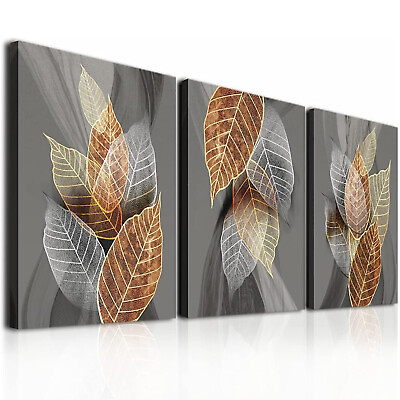 #ad Canvas Wall Art Abstract Leaves Pictures Artwork Black set of 3 Paintings $269.99